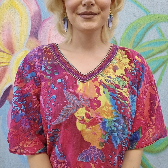 BIBA Vintage Rainbow Watercolor Style Abstract Paint Splatter Batwing Top - Picture 16 of 16